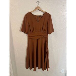 eShakti Retro Mocha Brown V Neck Ruched Middle Swing Midi Dress